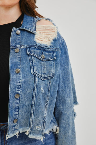 Distressed Denim Jacket in Dark Wash – Gussied Up