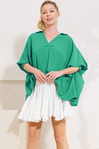 Collared V Neck Flowy Top in Green