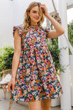 Cotton Ruffle Sleeve Floral Dress in Navy
