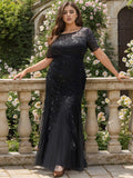 Floral Sequin with Tulle Inset Gown in Black
