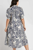 Cotton Printed Tiered Midi in Navy