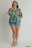Balloon Sleeve Ruffle Tie Top in Green Floral