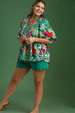Balloon Sleeve Ruffle Tie Top in Green Floral