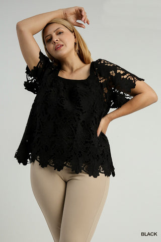 Floral Lace Square Neck Top in Black