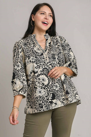 Mixed Print Cotton Top in Black