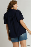Bubble Sleeve Button Up Top in Navy