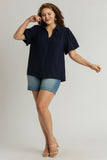 Bubble Sleeve Button Up Top in Navy