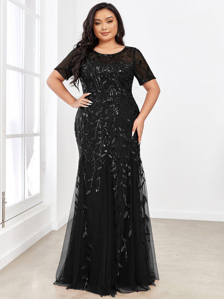 Floral Sequin with Tulle Inset Gown in Black