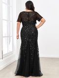 Floral Sequin with Tulle Inset Gown in Black