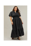 Solid Tiered Cotton Maxi Dress in Black