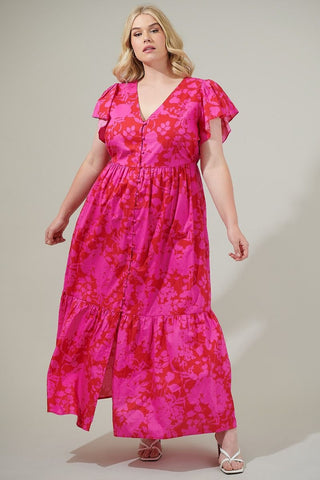 Pink & Red Floral Button Up Cotton Floral Maxi