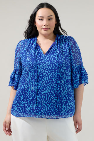 Blue Dot Print Top with Ruffle Sleeves