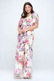 Multi Floral Short Sleeve Chiffon Gown in Pink