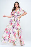 Multi Floral Short Sleeve Chiffon Gown in Pink