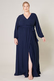Long Balloon Sleeve Chiffon Gown in Navy