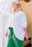 Collared V Neck Flowy Top in White