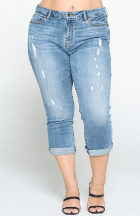 Distressed Capri Denim with Rolled Hem – Gussied Up