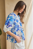 Crushed Satin Blue Floral Tie Top