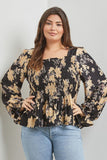 Black Floral Smocked LS Top