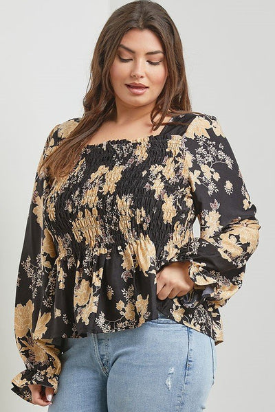 Black Floral Smocked LS Top