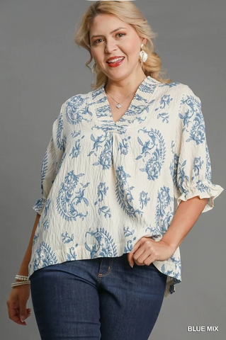 Cream & Light Blue Print Top