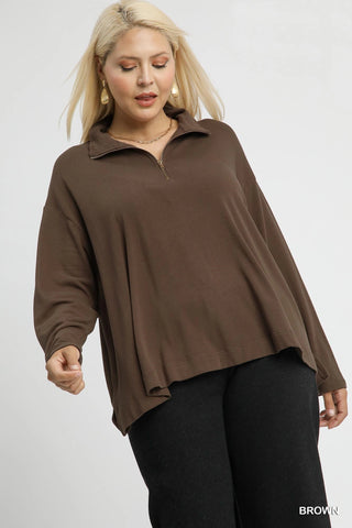 Half Zip Cotton Pullover in Brown