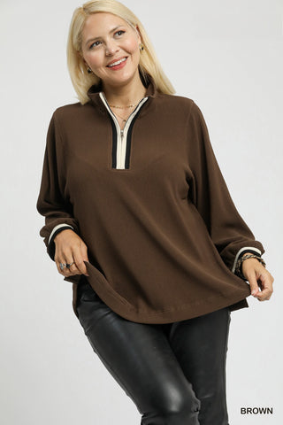 Contrast Half Zip Top in Brown