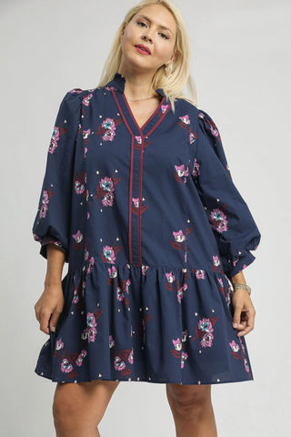 Navy Floral Cotton LS Dress