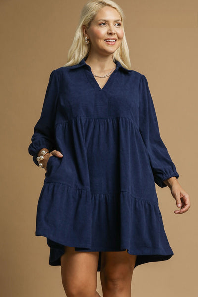 Tiered Corduroy Dress in Navy