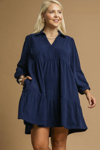 Tiered Corduroy Dress in Navy
