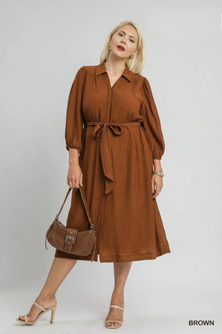 Textured Shirt Dress in Cognac