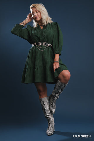 Ruffle Collar Textured Dress in Green