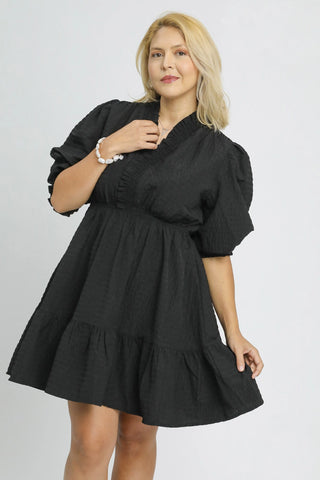 Ruffle Collar Textured Dress in Black