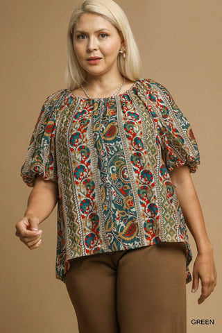Leaf Floral Top in Green