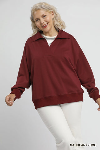 Luxe Collared V Neck Pullover in Mohogany