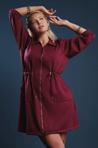 Luxe Drawstring Zip Up Dress in Merlot