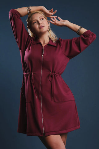Luxe Drawstring Zip Up Dress in Merlot