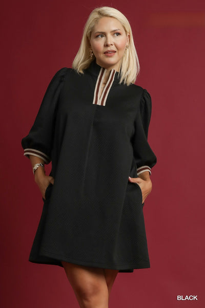 Contrast Collar Jacquard Dress in Black