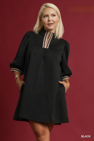 Contrast Collar Jacquard Dress in Black