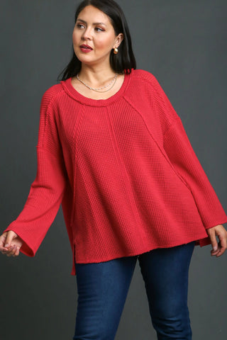 Waffle Raw Seam Top in Crimson
