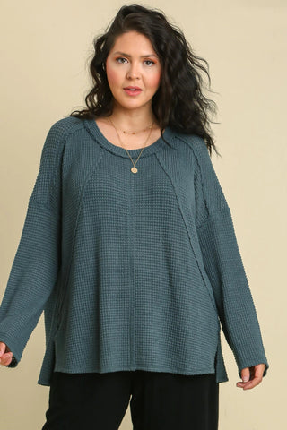 Waffle Raw Seam Top in Deep Sage