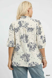 Floral Embroidered Smocked Trim Top in Navy