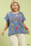 Colourful Floral Embroidered Top in Blue