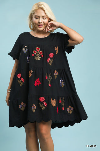 Embroidered Tiered Cotton Baby Doll Dress in Black