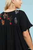 Embroidered Tiered Cotton Baby Doll Dress in Black