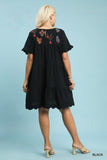 Embroidered Tiered Cotton Baby Doll Dress in Black