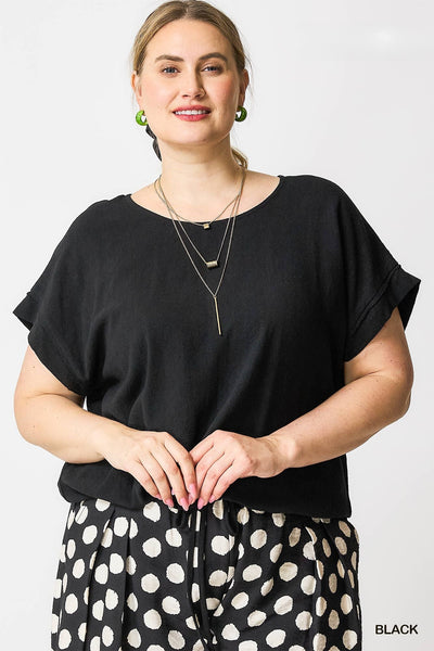 Linen Blend Drawstring Hem Tee in Black