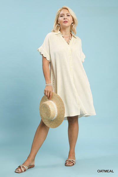 Scallop Linen Cotton Shirt Dress in Oat