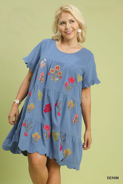 Embroidered Tiered Cotton Baby Doll Dress in Denim Blue