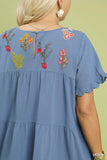 Embroidered Tiered Cotton Baby Doll Dress in Denim Blue